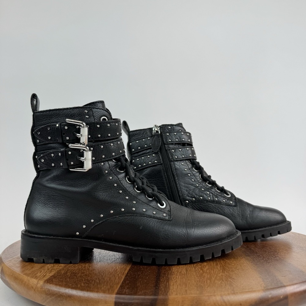 Womens Rebecca Minkoff Jaiden Studded Black Leather Combat Ankle Boots Size 7 M